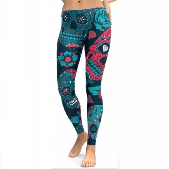 Gearbunch Blue Pink Sugar Skull Diamond Leggings - Picture 1 of 13